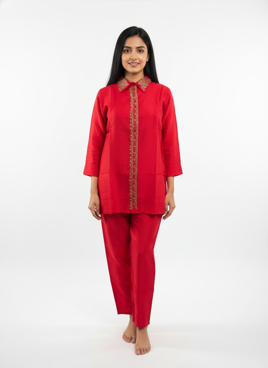 Pure Red Dola Silk Coord Set with Golden Handwork