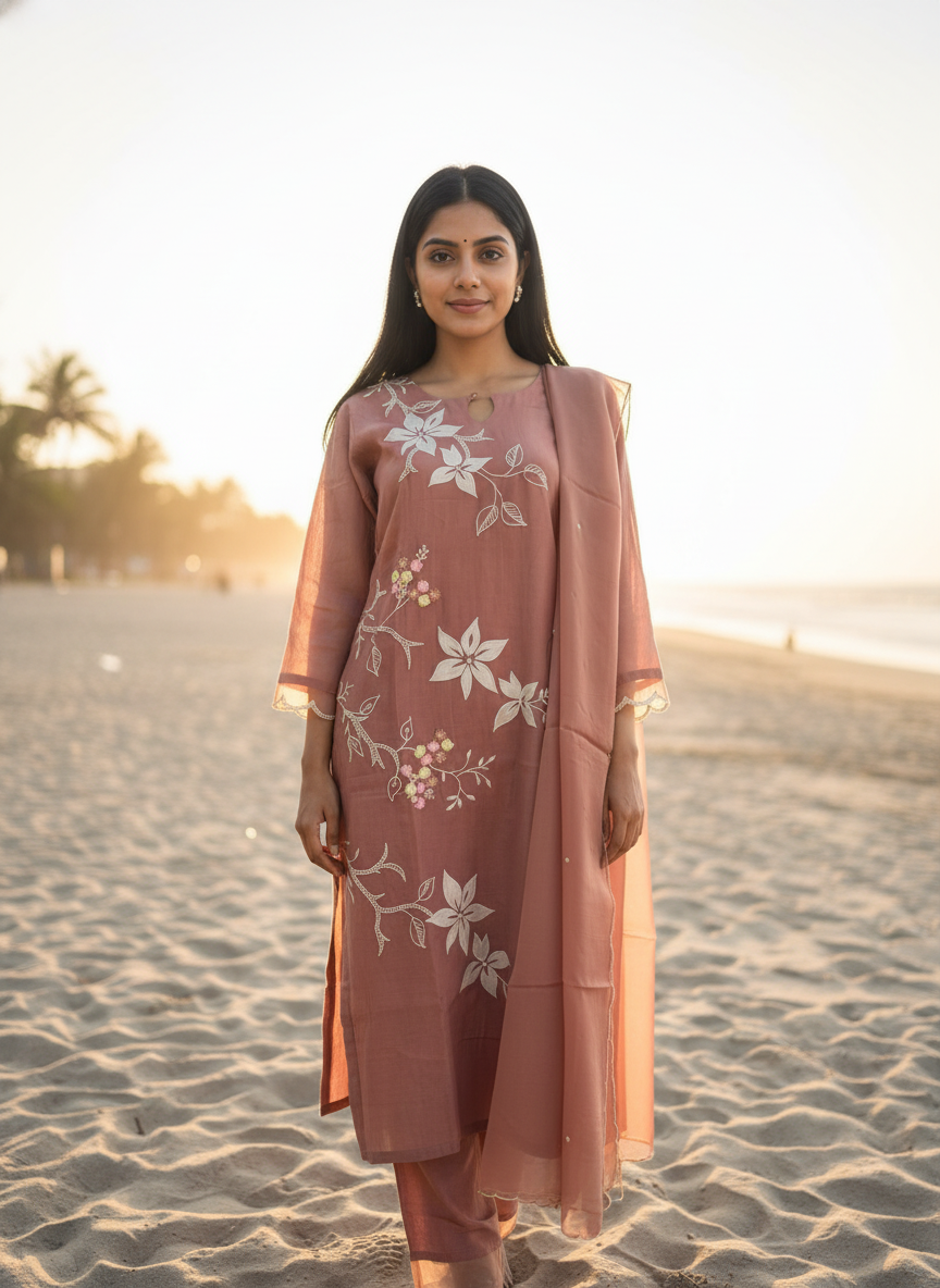 Blush Brown Pure Mal Chanderi Straight Suit Set with Embroidery & Pearl Work