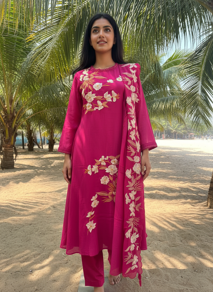 Rani Mal Chanderi A-Line Suit Set with White & Orange Thread Embroidery