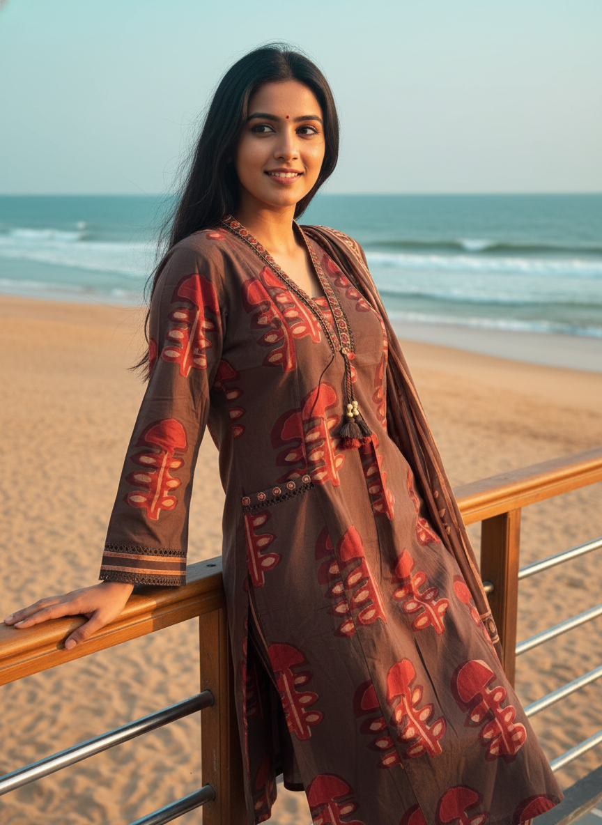 Cotton A-Line Suit Set with Hand-Block Inspired Prints & Patch Pockets