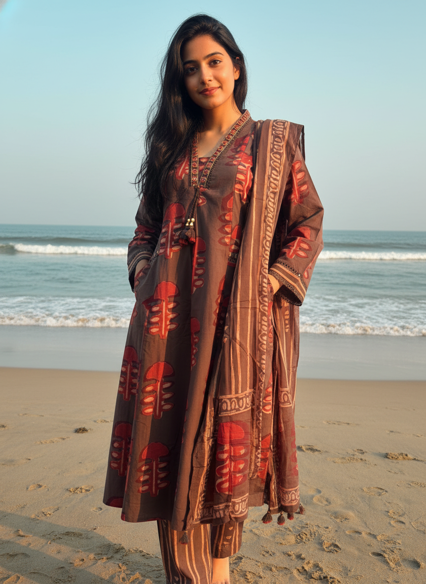 Cotton A-Line Suit Set with Hand-Block Inspired Prints & Patch Pockets