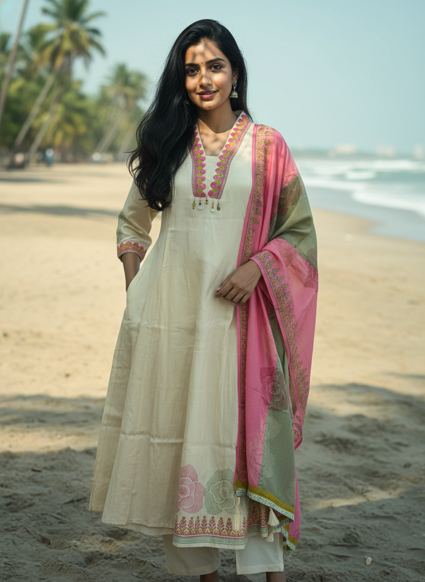 Cream A-line suit set in pure royal silk blends