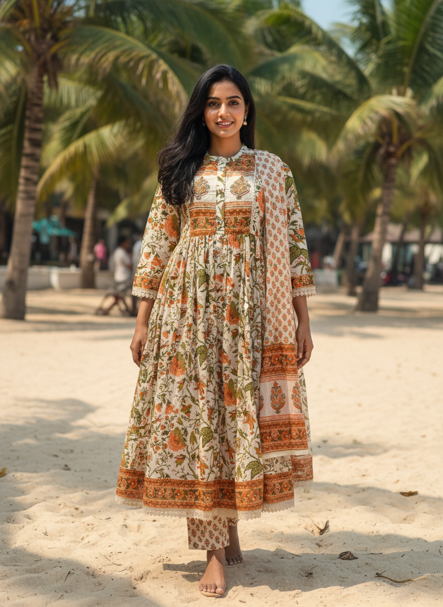 Cotton printed Mandarin-collar Anarkali suit