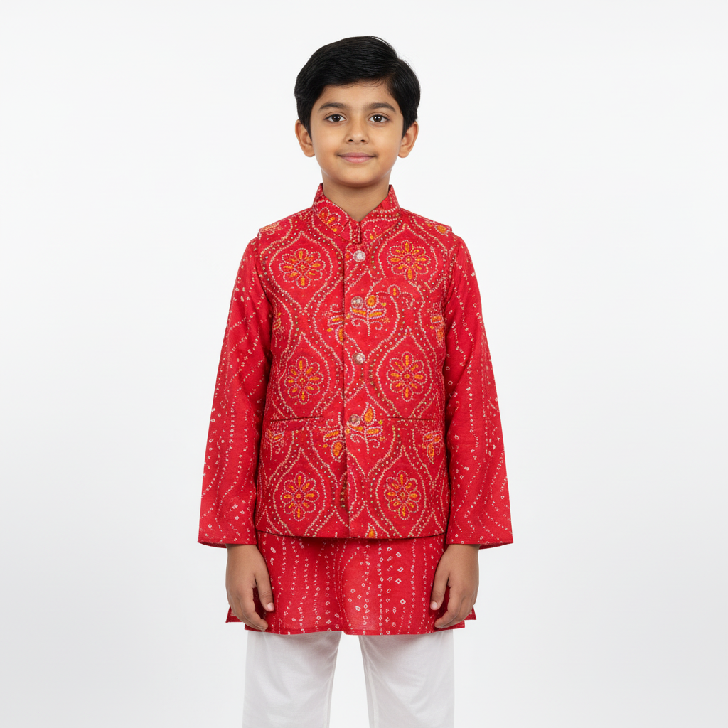 Kids’ Red Bandhani Cotton Kurta Set with Nehru Jacket – Traditional Charm