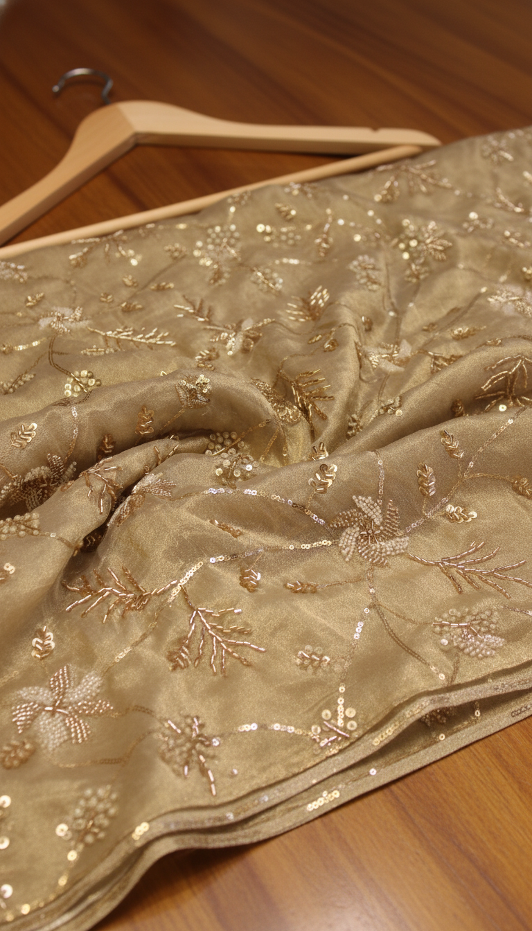 Pure Banarasi Tissue Fabric with Jaal, Bits & Pearl Work