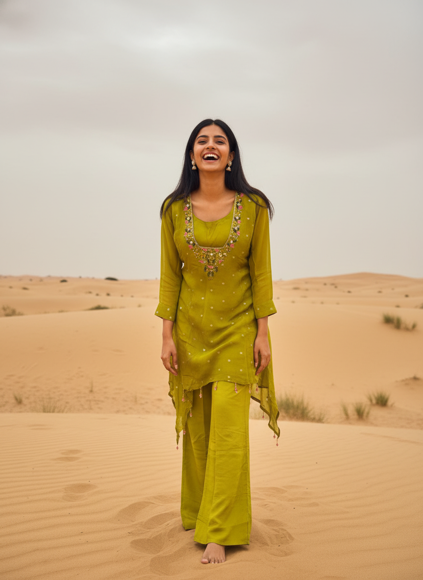 Liril Green Pure Chinon Coord Set – Festive Chic with Subtle Shimmer