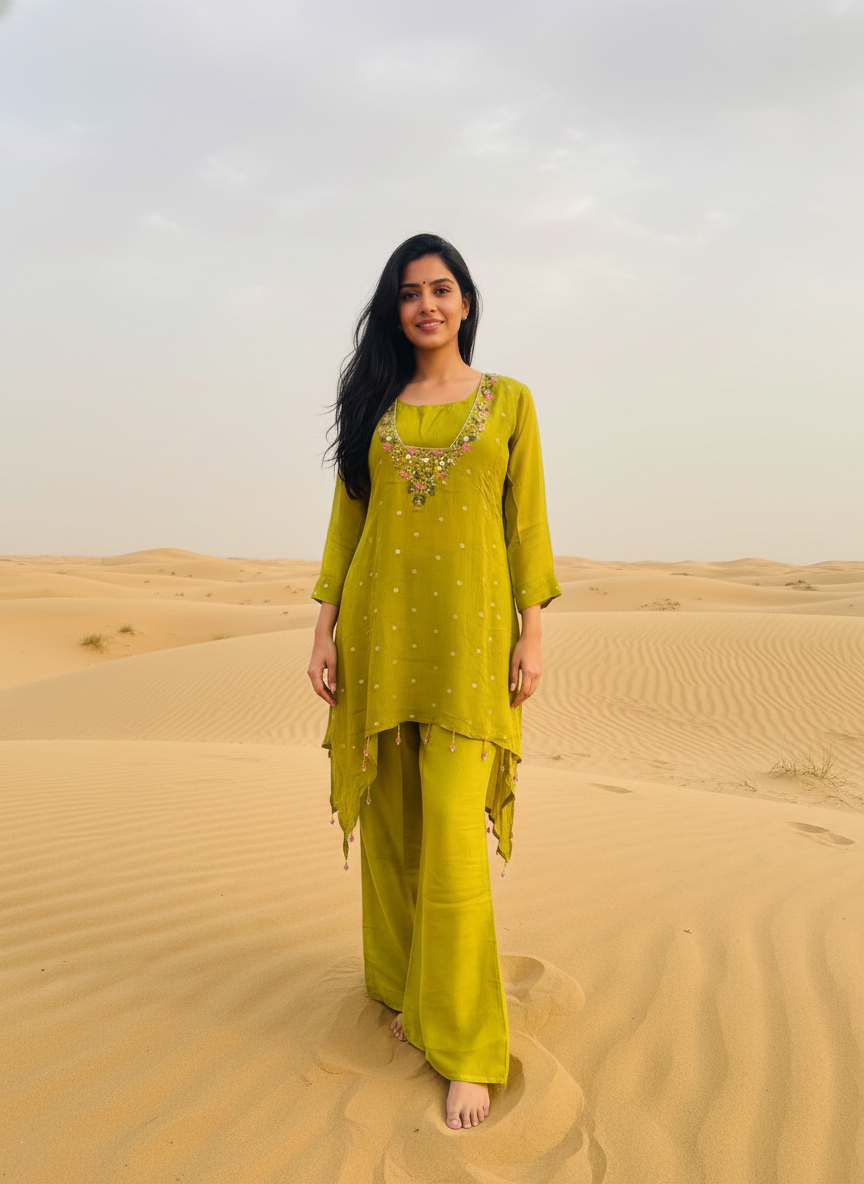 Liril Green Pure Chinon Coord Set – Festive Chic with Subtle Shimmer