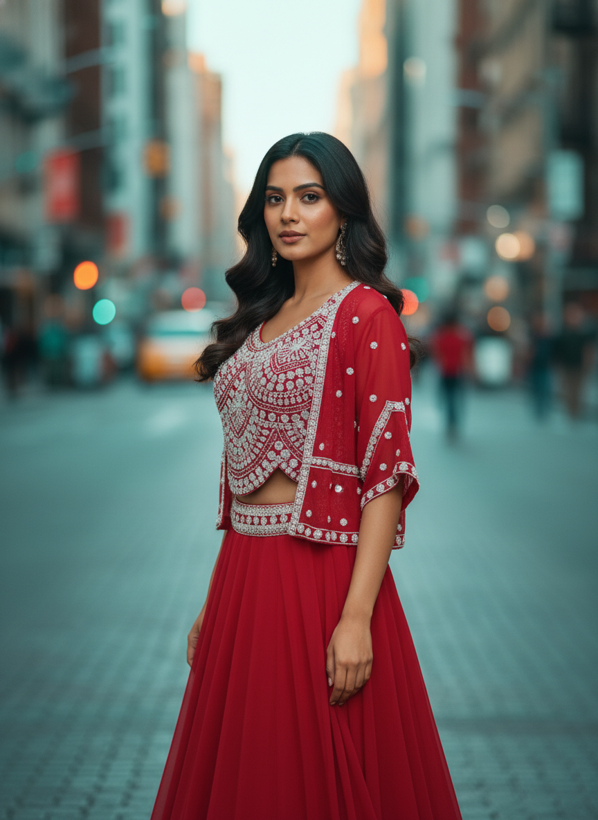 Cherry Red Designer Pearl Embellished Organza Skirt Set with Crop Top & Shrug