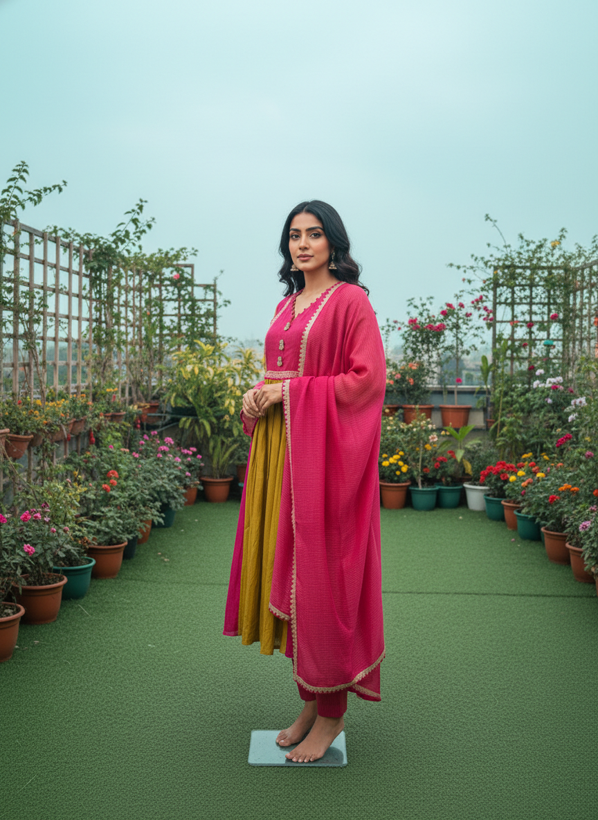 Pure Mal Chanderi Designer Suit Set – Green & Rani A-Line Kurta with Banarasi Dupatta