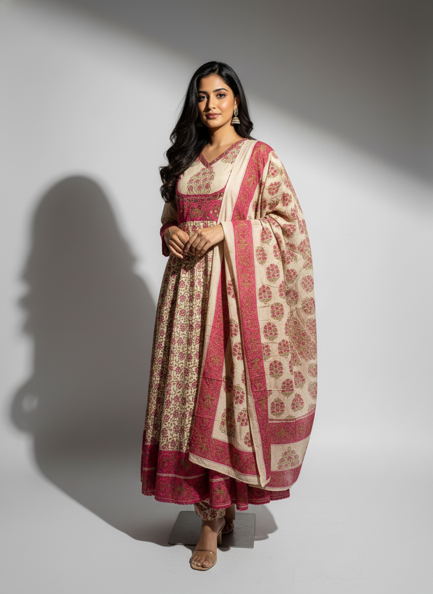 Pure Cotton A-Line Block Print Suit Set with Dupatta – Beige & Deep Pink