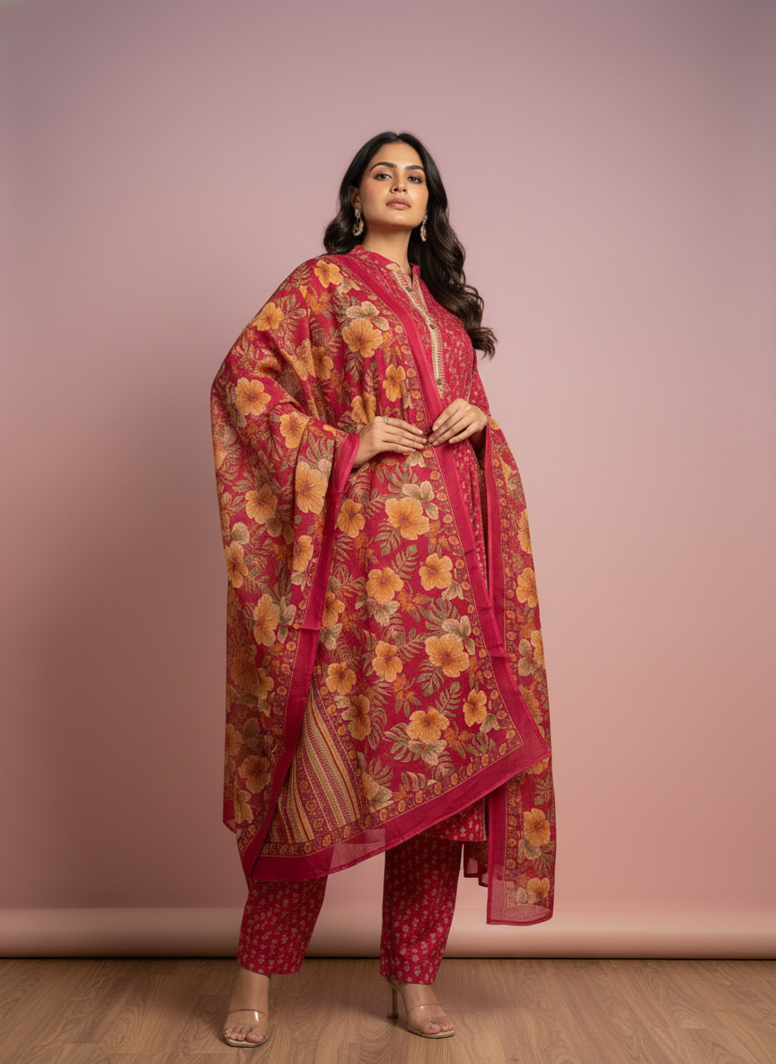 Pure Cotton A-Line Block Print Suit Set with Dupatta – Deep Pink