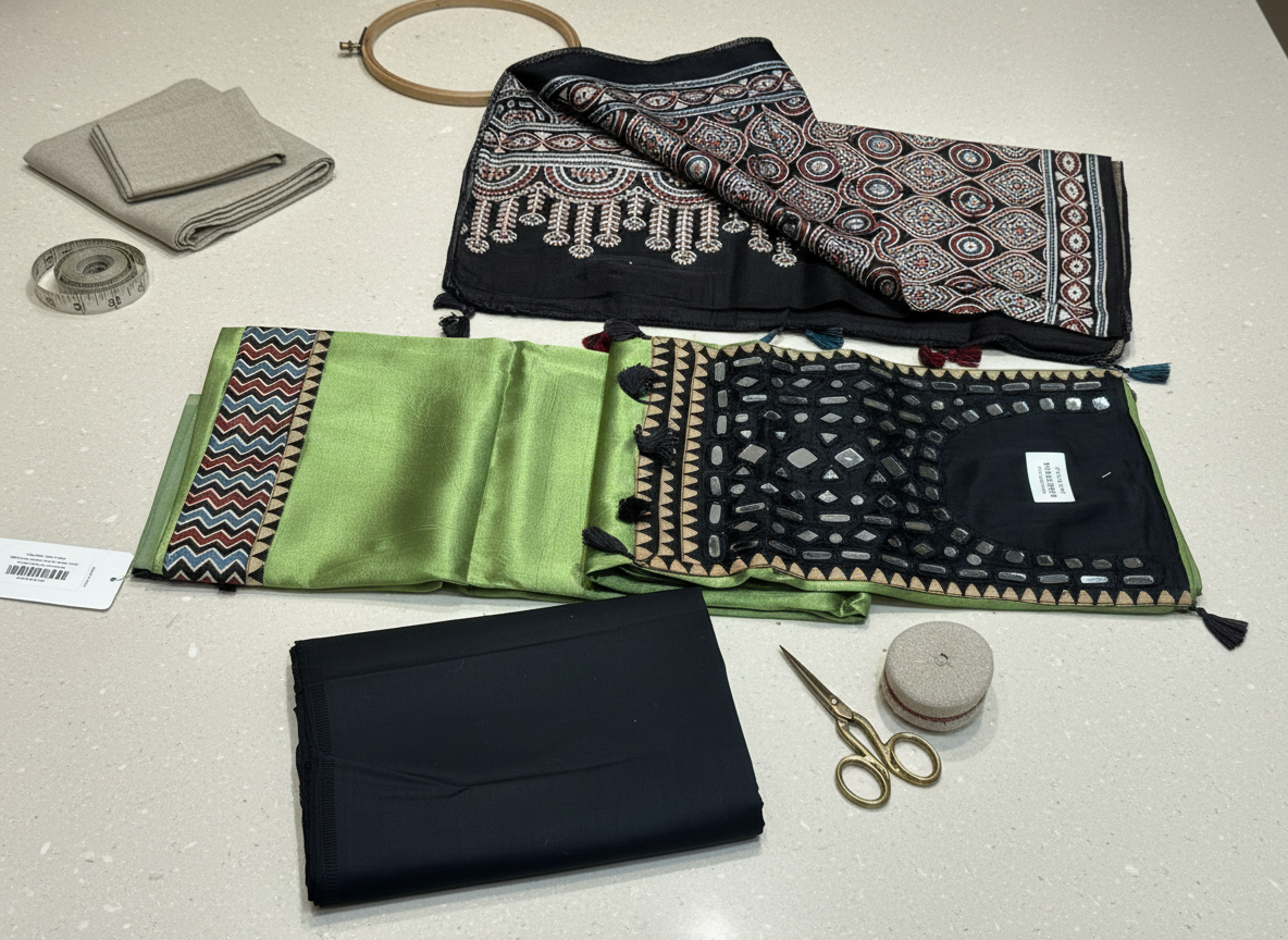 Premium Gaji Silk Unstitched Suit Set with mirror work