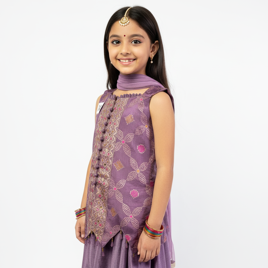 Girls’ Purple Banarasi Brocade Dress Set – A Blend of Tradition & Modern Elegance