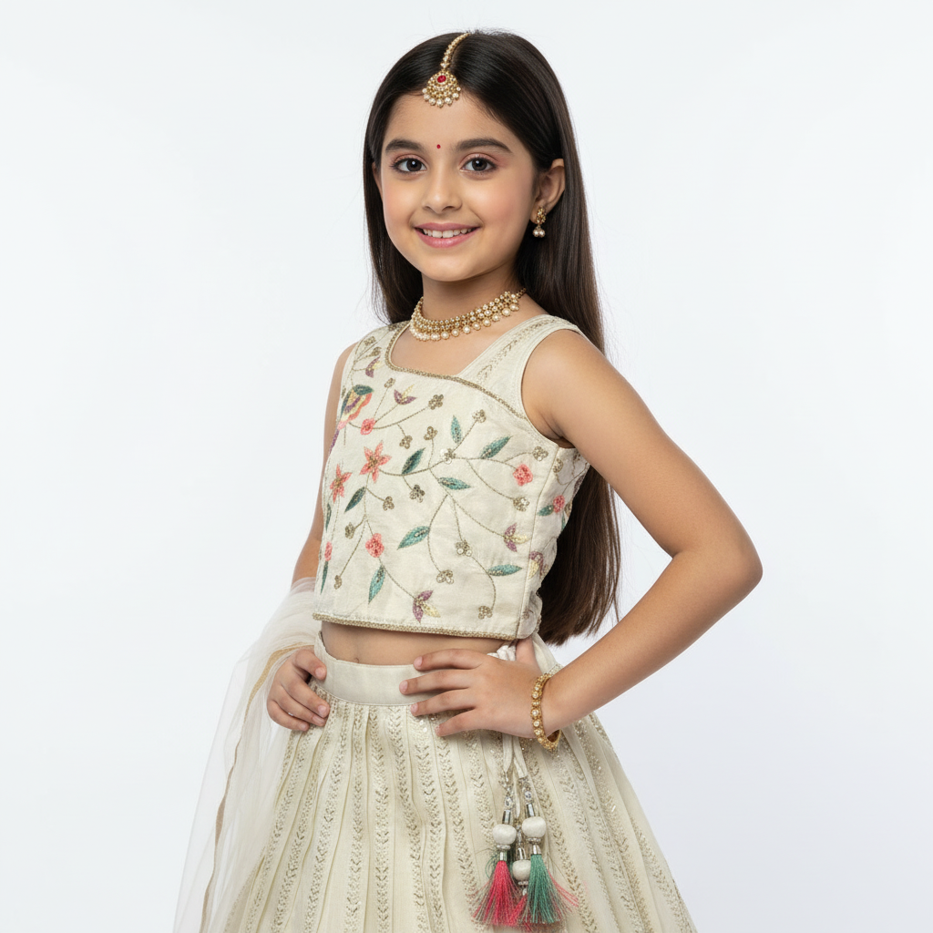 Ivory Tissue Kids’ Lehenga & Blouse Set – Elegant Handcrafted Festive Wear