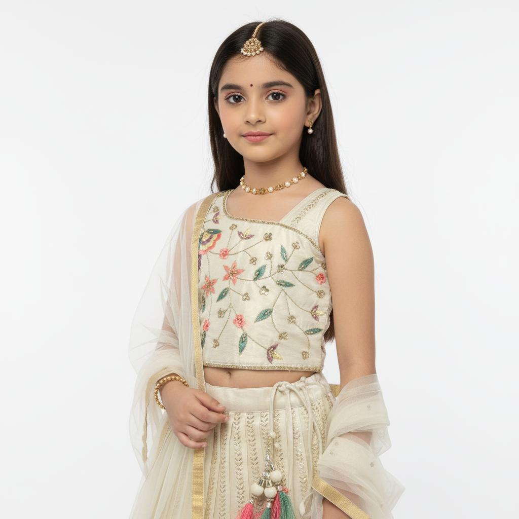 Ivory Tissue Kids’ Lehenga & Blouse Set – Elegant Handcrafted Festive Wear