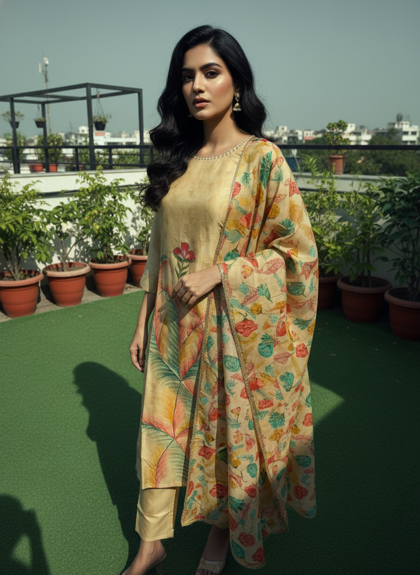 Cotton Silk Handpainted Straight Suit Set with Peetha Work