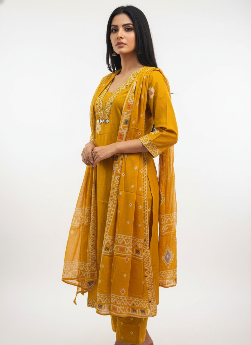 Cotton Mustard Printed Straight Suit Set with Ikat-Inspired Detailing
