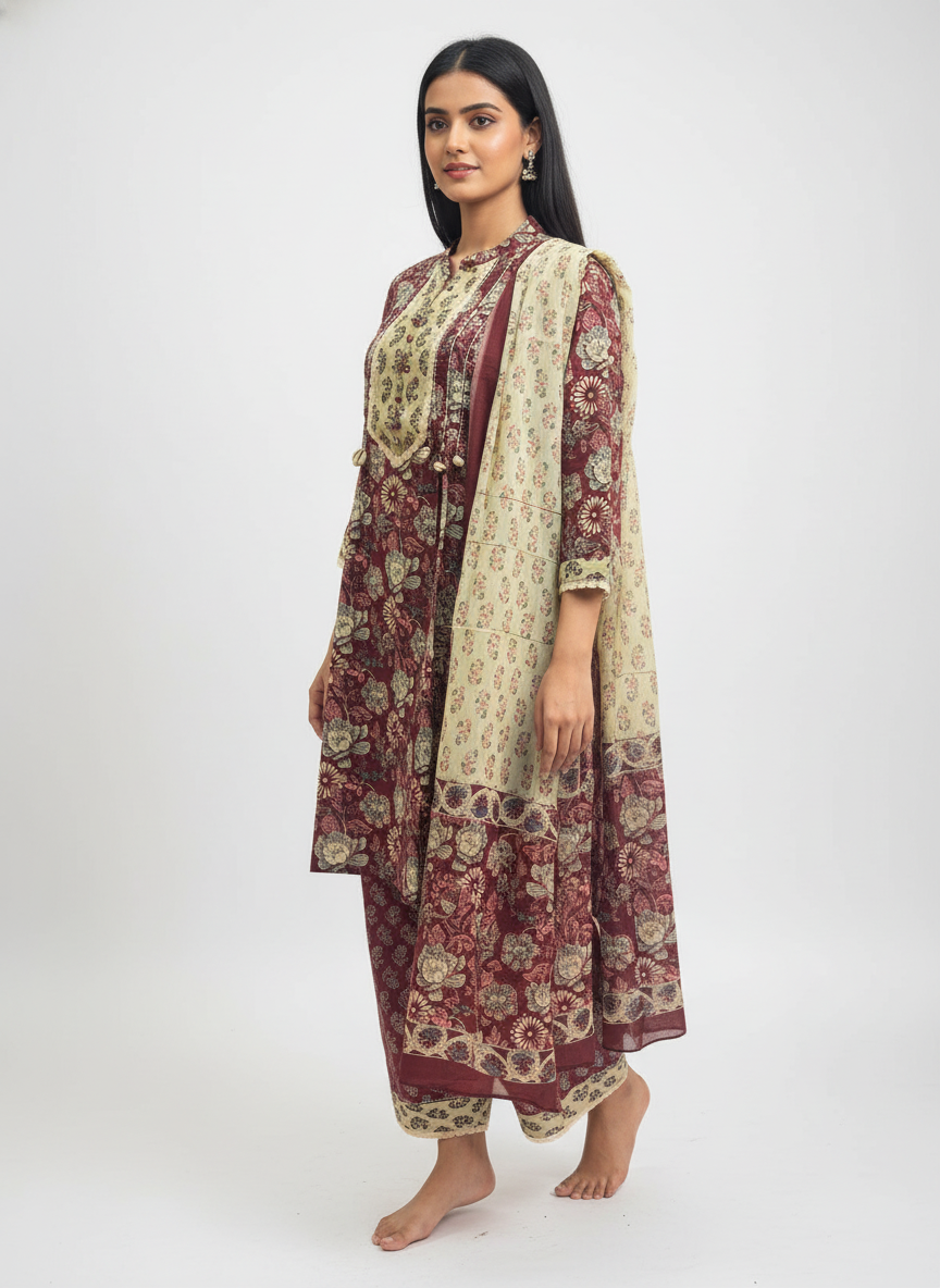 Parsi Pattern Cotton Short Suit Set with Contrast Patchwork Detailing