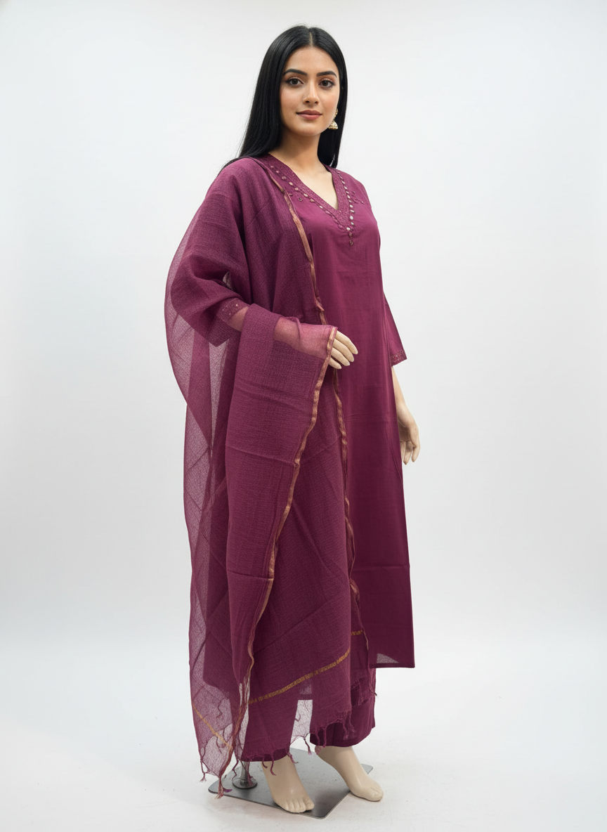 Plain Cotton Mirror Work Straight Suit Set in Rich Wine Tone