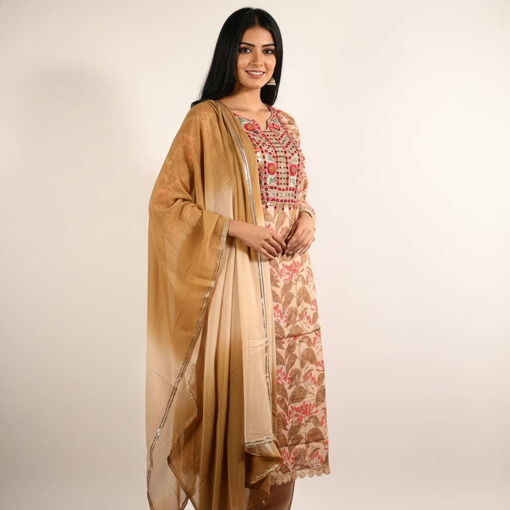 Midnight X M'Foks - Modal Silk Floral Hand Work Kurta With Dupatta & Pant - Beige