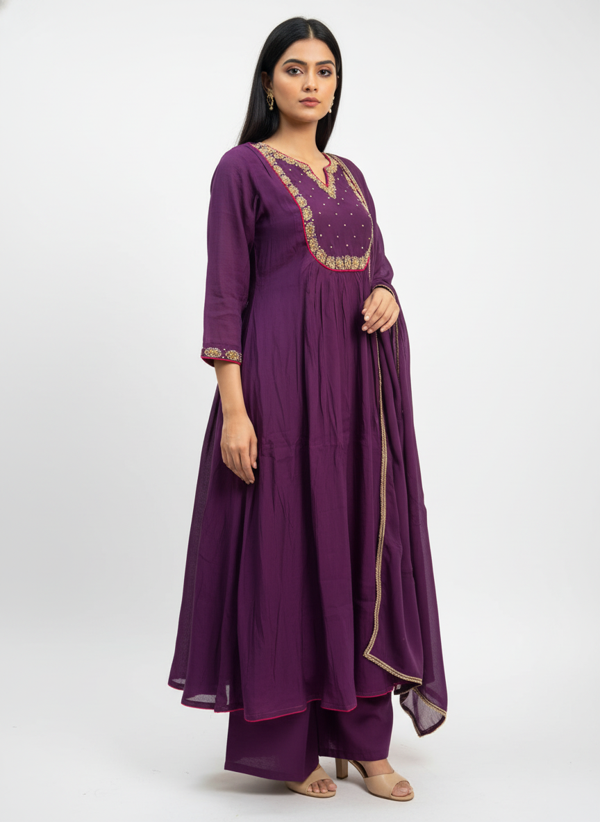 Elegant Purple Mal Chanderi A-Line Suit Set with Handwork Detailing