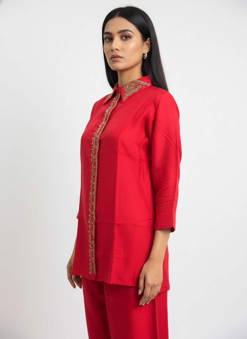 Pure Red Dola Silk Coord Set with Golden Handwork