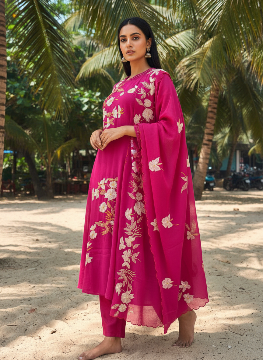 Rani Mal Chanderi A-Line Suit Set with White & Orange Thread Embroidery