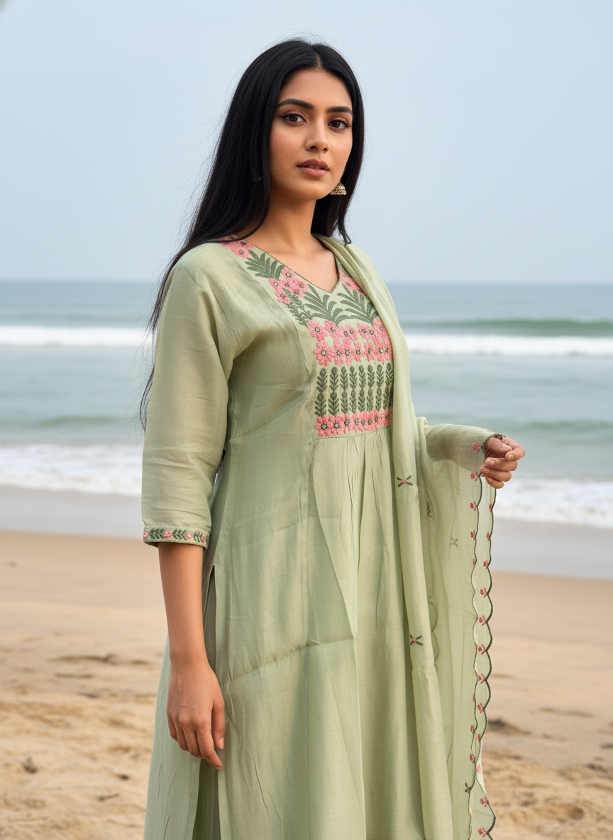 Pastel Pistachio Mal Chanderi A-Line Side-Cut Suit Set