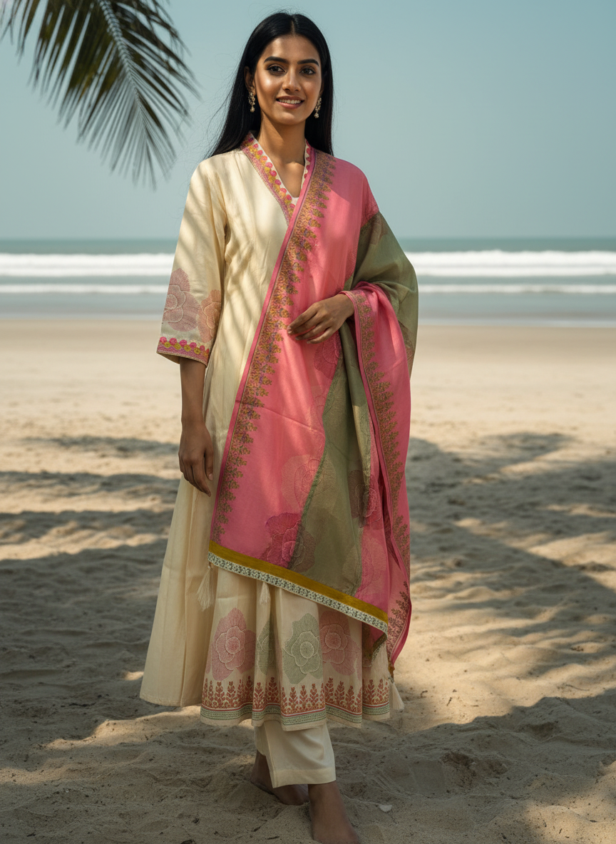 Cream A-line suit set in pure royal silk blends