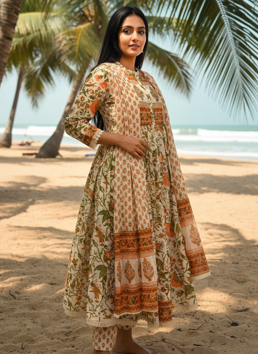 Cotton printed Mandarin-collar Anarkali suit