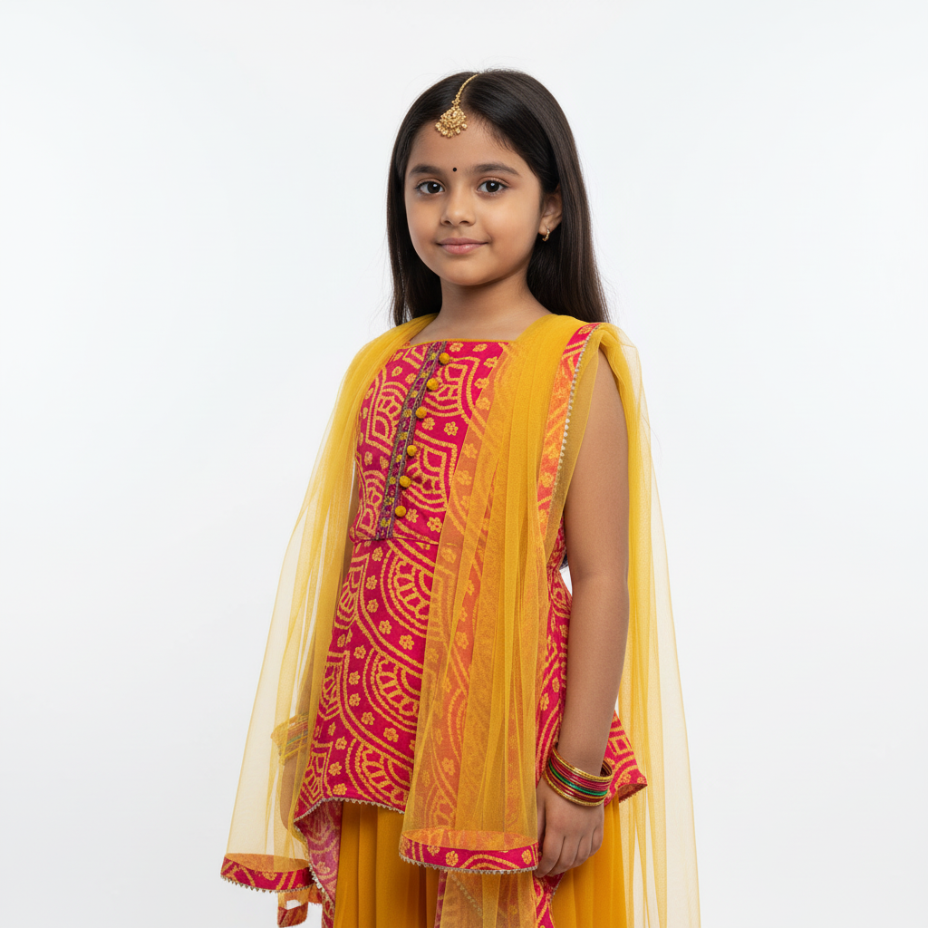 Rani Pink Bandhani Kurti Set for Kids – Mfoks
