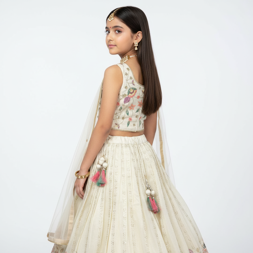 Ivory Tissue Kids’ Lehenga & Blouse Set – Elegant Handcrafted Festive Wear