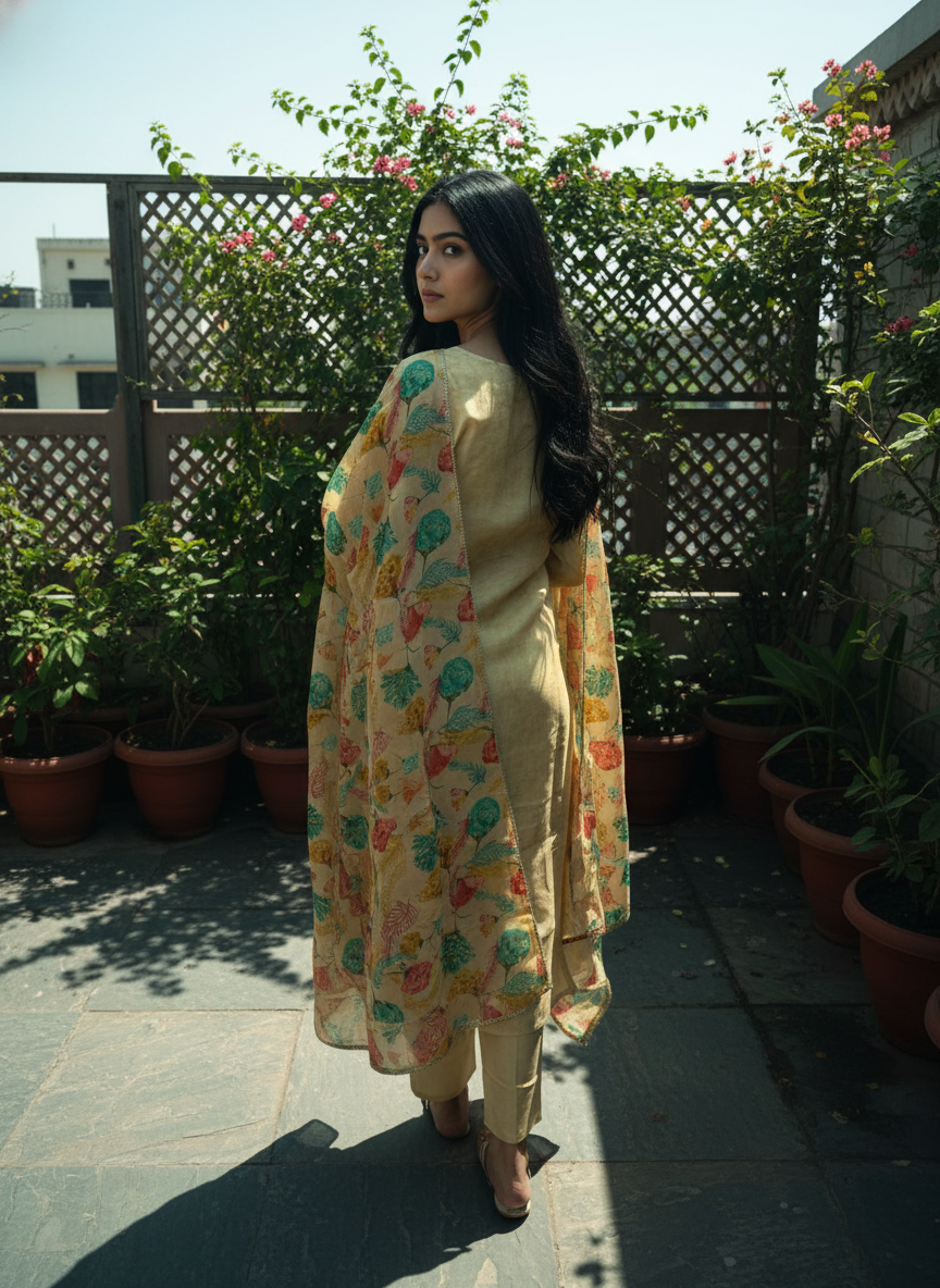 Cotton Silk Handpainted Straight Suit Set with Peetha Work