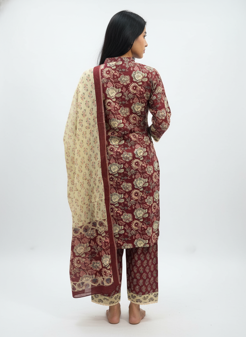 Parsi Pattern Cotton Short Suit Set with Contrast Patchwork Detailing