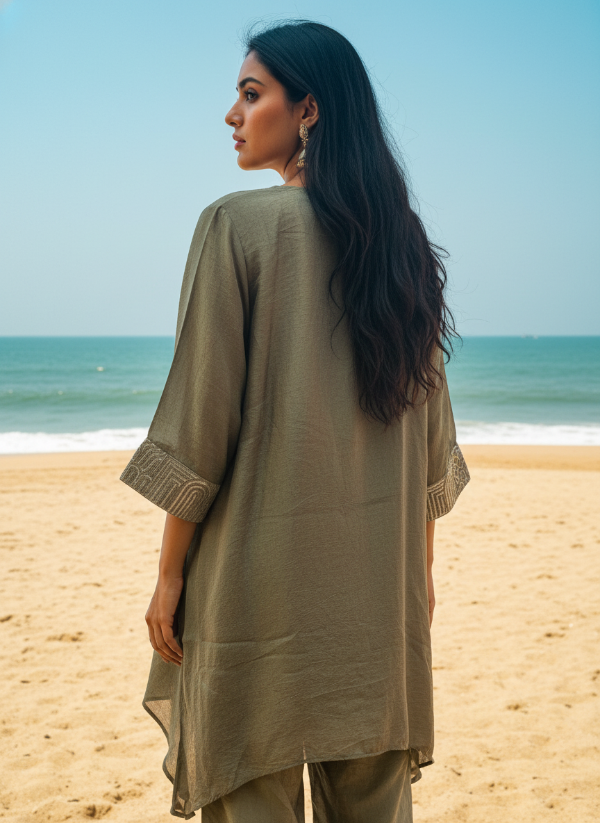 Designer Olive Textured Silk Coord Set with Sequin Embroidery