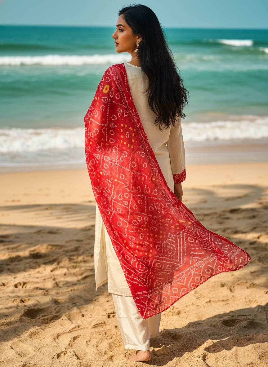 Ivory Tissue Gota Patti Suit Set with Red Bandhej Dupatta