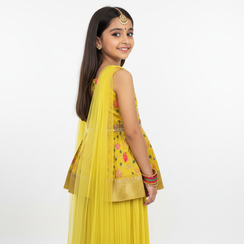 Lime Yellow Kids’ Brocade Jacquard Dress Set – Festive & Elegant