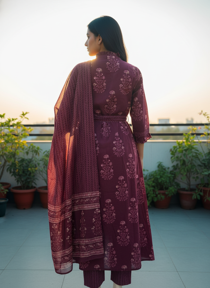 Pure cotton printed long A-line suit set