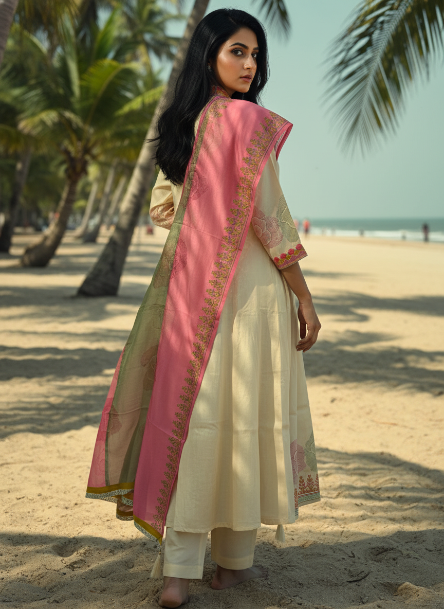 Cream A-line suit set in pure royal silk blends