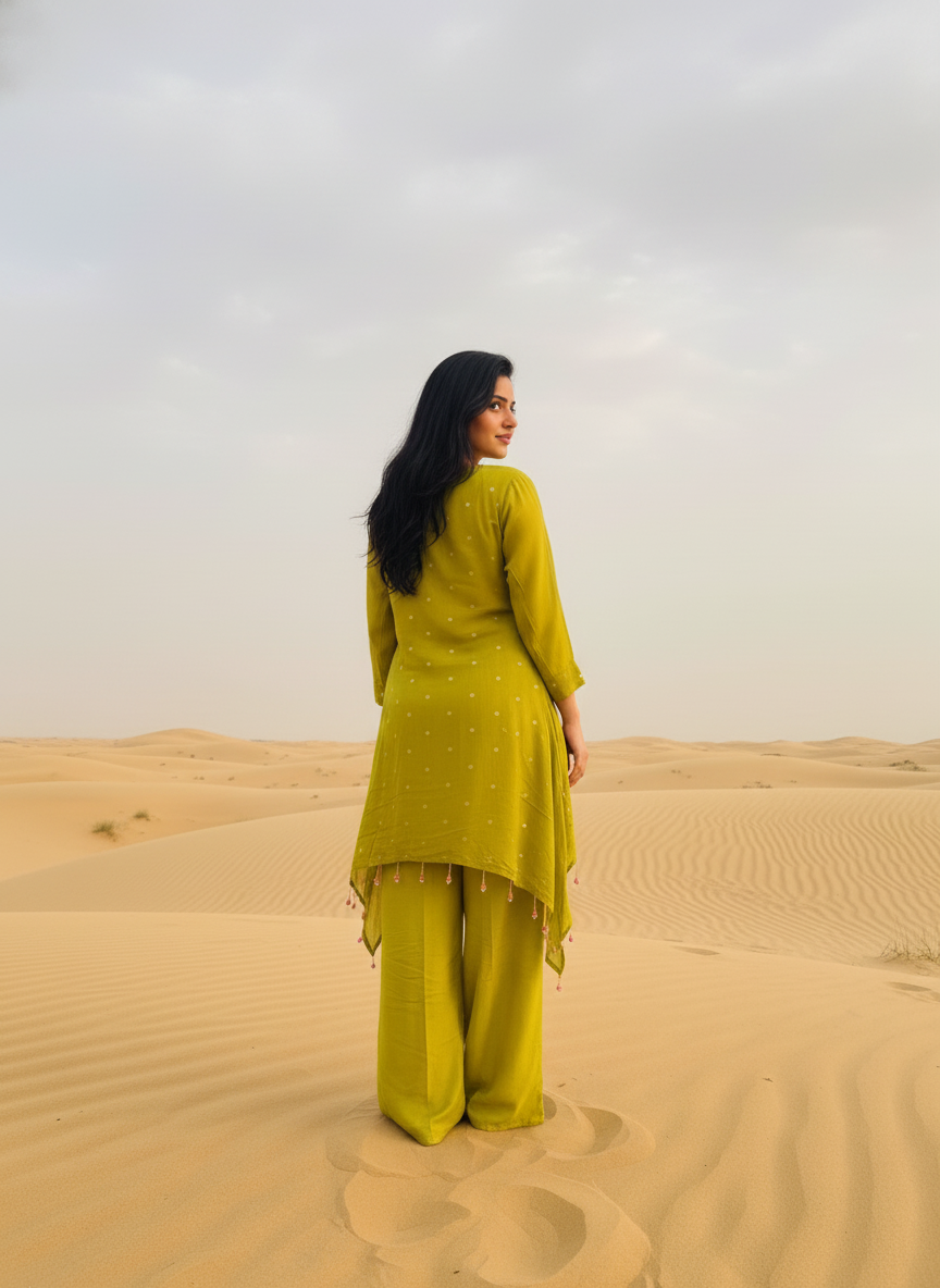 Liril Green Pure Chinon Coord Set – Festive Chic with Subtle Shimmer