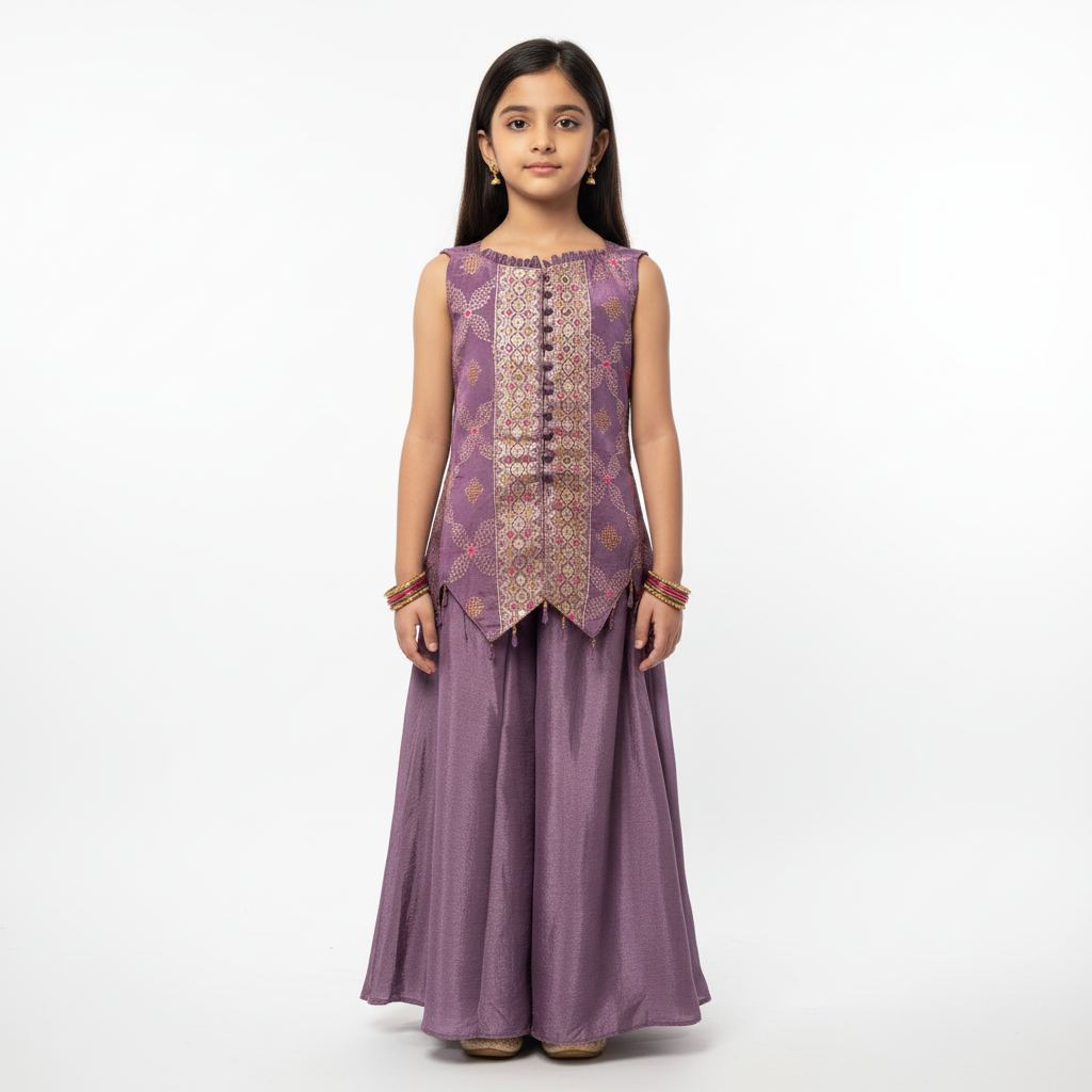 Girls’ Purple Banarasi Brocade Dress Set – A Blend of Tradition & Modern Elegance