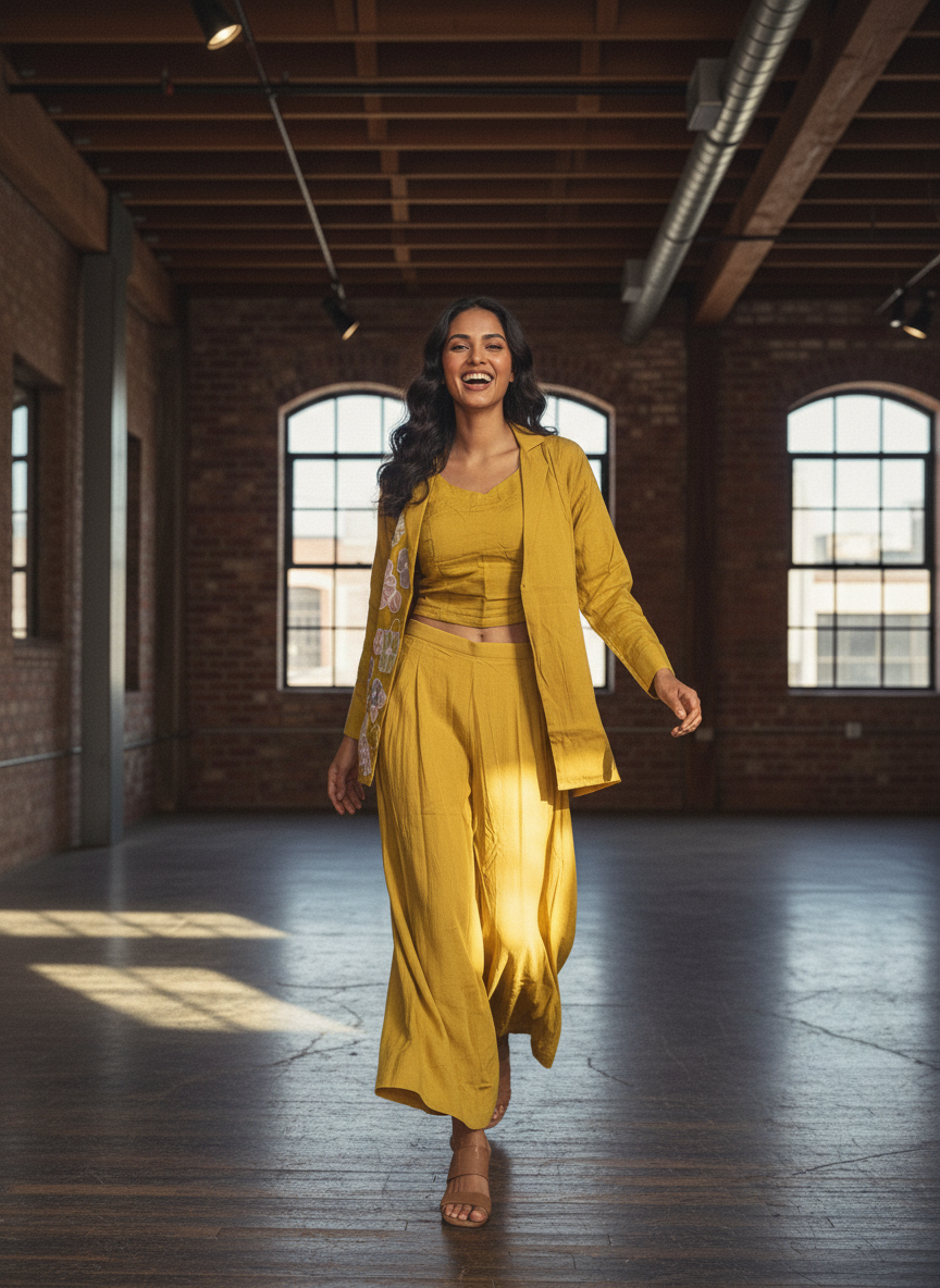 Pure Mal Chanderi Mustard Coord Set with Floral Applique Embroidery