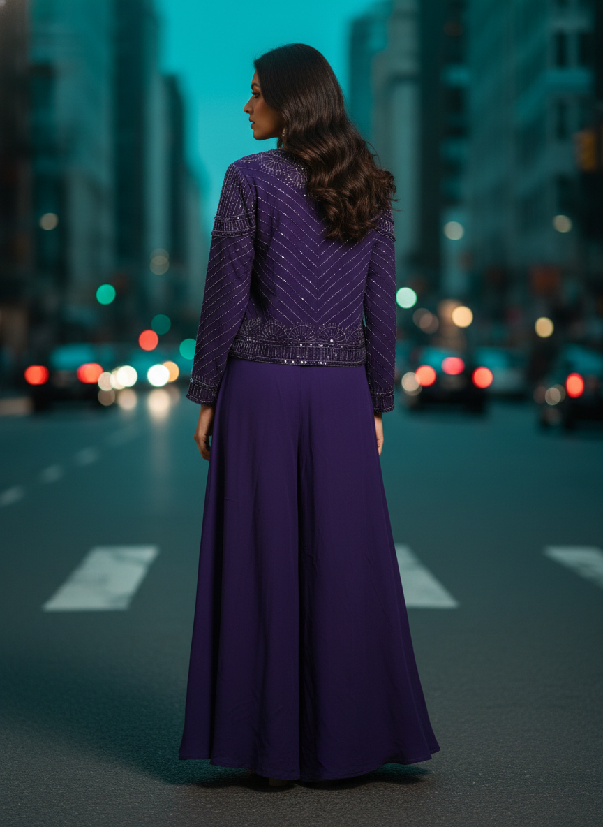 Royal Purple Natural Crepe Designer Co-Ord Set with Pearl & Bead Embellished Jacket