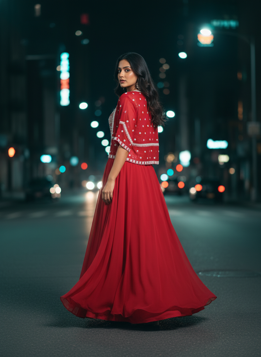 Cherry Red Designer Pearl Embellished Organza Skirt Set with Crop Top & Shrug