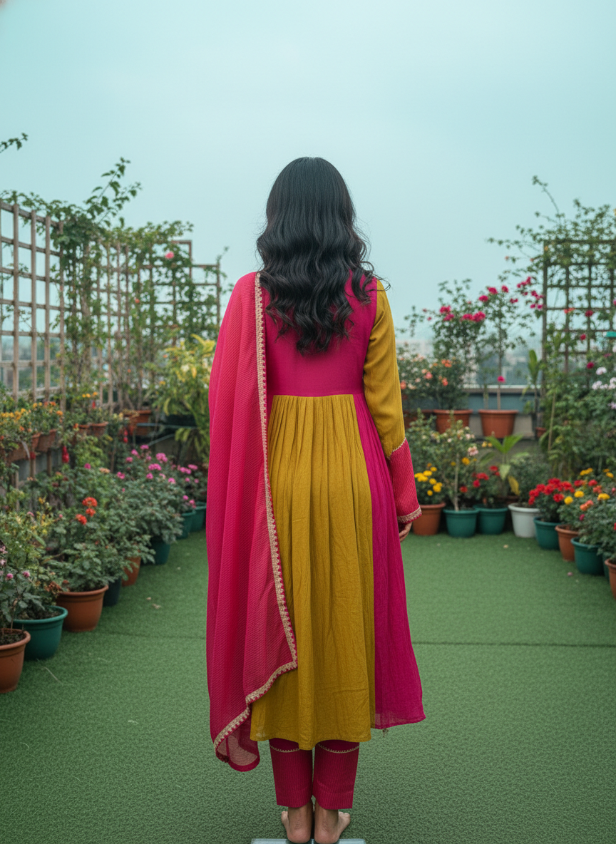 Pure Mal Chanderi Designer Suit Set – Green & Rani A-Line Kurta with Banarasi Dupatta