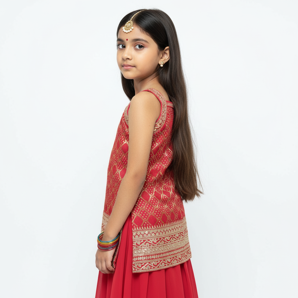 Cherry Red Bandhini Brocade Kurti Plazo Set – Festive Elegance for Girls