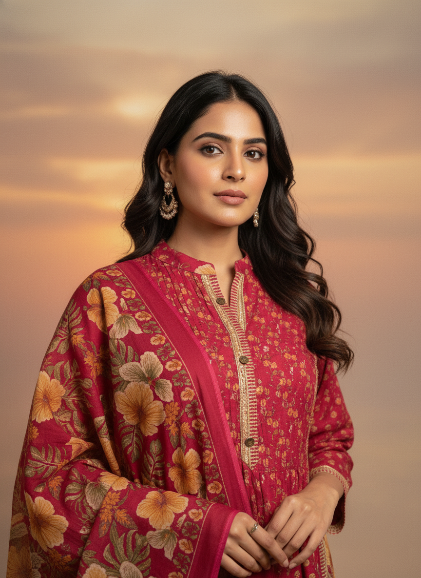 Pure Cotton A-Line Block Print Suit Set with Dupatta – Deep Pink