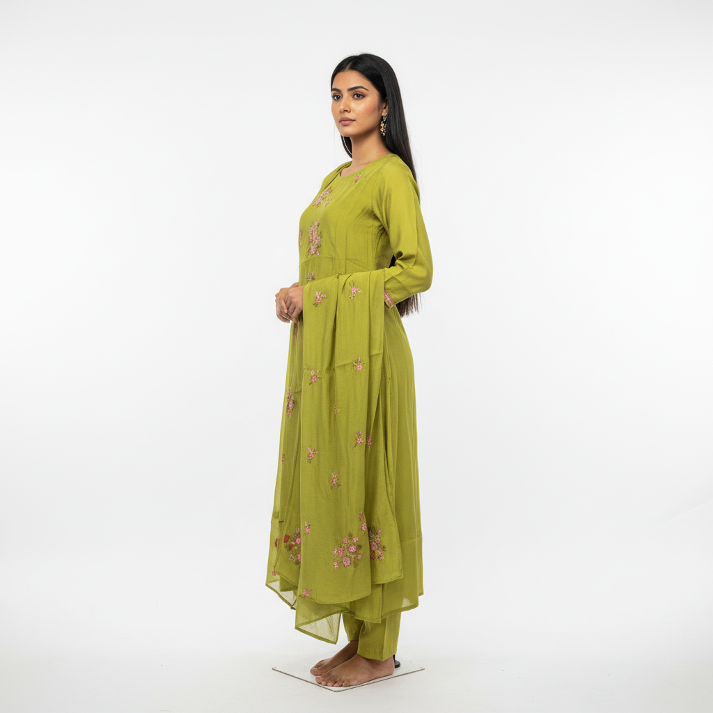 Liril Green Mal Chanderi A-line Suit Set with Dupatta - M'Foks