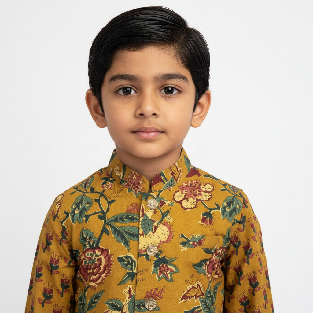 Kids’ Mustard Cotton Kurta Set with Floral Nehru Jacket – Traditional & Stylish