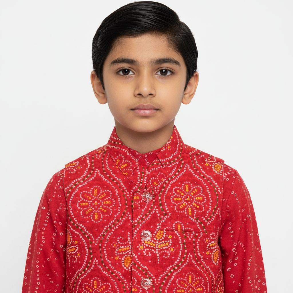 Kids’ Red Bandhani Cotton Kurta Set with Nehru Jacket – Traditional Charm